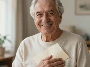 A smiling senior man holding an envelope close to his heart. Pisma iz srca