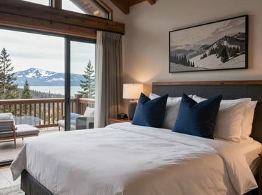 A professional wide-angle shot of an immaculately staged master bedroom in an upscale vacation rental in South Lake Tahoe, California. Crisp white linens, perfectly fluffed accent pillows in navy blue, and tidy, high-end mountain cabin architecture.