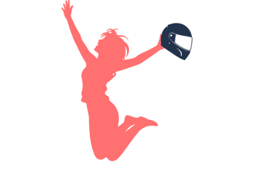 Frau-freudig-springend-mit-Motorradhelm-stilisiert-dirtblue-coral