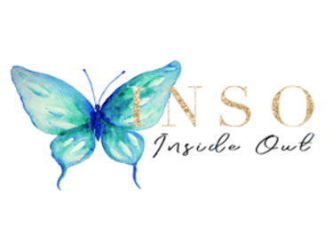 teal butterfly with gold INSO and Inside Out in black letters