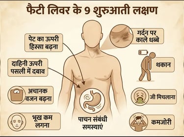 9 early signs of fatty liver disease on human figure: dark skin patches on neck, fatigue, digestive