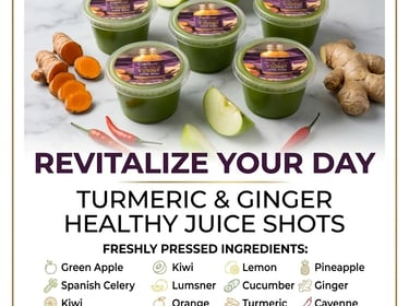 Cooper's Kreations turmeric and ginger healthy juice shots with fresh green apple and spices.