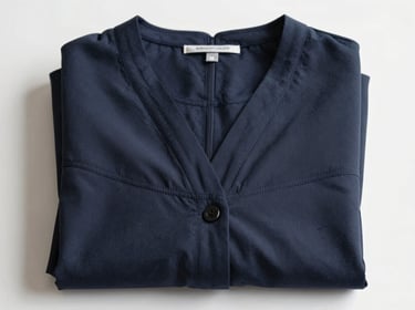 Overhead straight-on shot of folded women's corporate workwear uniforms stacked neatly on a white surface under bright flat studio light, seam edges and fabric grain visible, no model