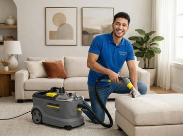 Joven limpiando un mueble como parte de un servicio de limpieza profesional en Bonao