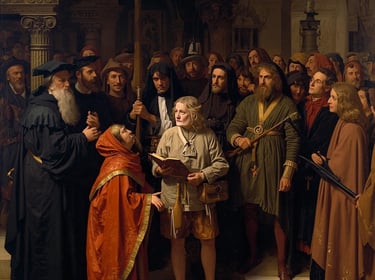 Historical oil painting of a medieval crowd gathered around a man reading from a book.