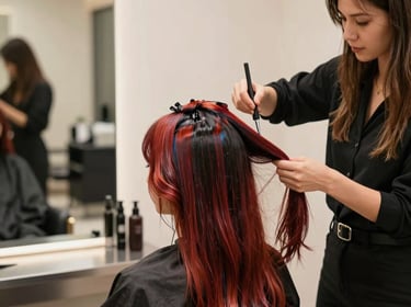 A stylist carefully applying color to a client's hair in a bright, cozy salon space.