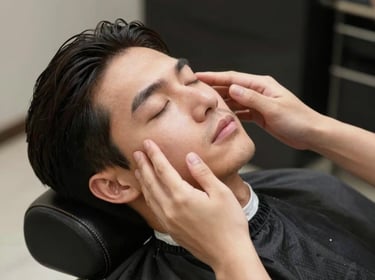 A stylist carefully applying color to a client's hair in a bright, cozy salon space.