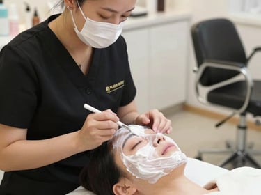 A stylist carefully applying color to a client's hair in a bright, cozy salon space.