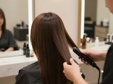 A stylist carefully applying color to a client's hair in a bright, cozy salon space.