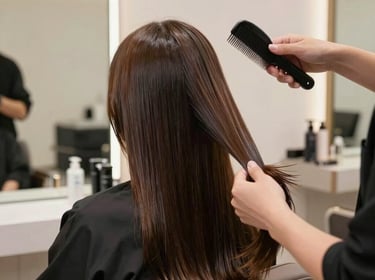 A stylist carefully applying color to a client's hair in a bright, cozy salon space.