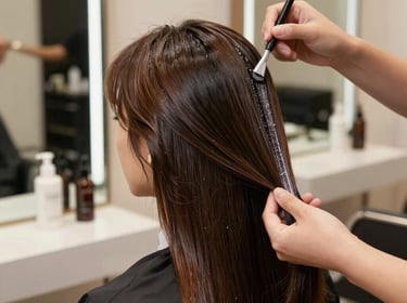 A stylist carefully applying color to a client's hair in a bright, cozy salon space.