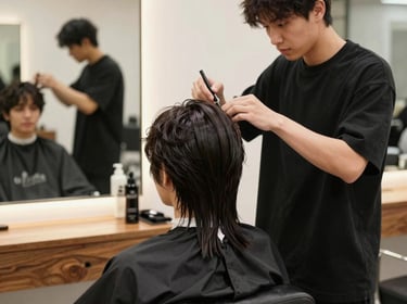 A stylist carefully applying color to a client's hair in a bright, cozy salon space.