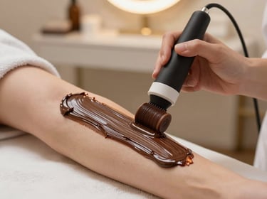 A stylist carefully applying color to a client's hair in a bright, cozy salon space.