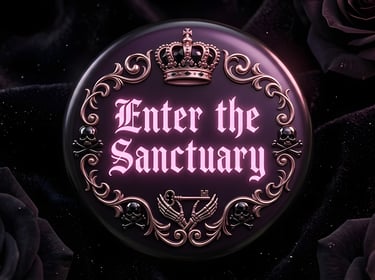 Gothic Enter the Sanctuary sign with a rose gold crown and skulls on dark velvet roses.