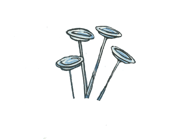 Watercolor illustration of blue circus plates spinning on tall poles against a white background.