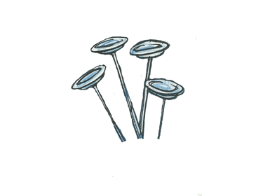 A hand-drawn illustration of four white spinning plates Earthbound Misfits Logo