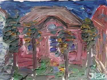 a painting of a pink house