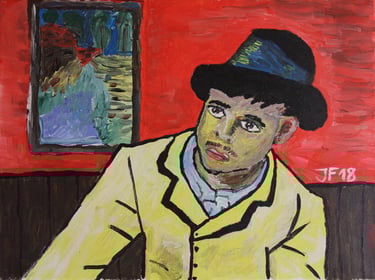 a painting of a young man with a hat and a yellow jacket
