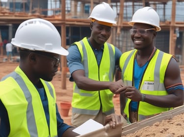 Skilled Ghanaian construction workers collaborating on a building site overseas.