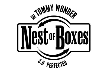 Tommy Wonder Nest of Boxes 3.0 Perfected magic trick logo in black and white.