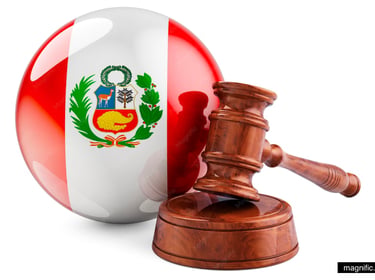 A glossy Peru flag sphere next to a wooden judge gavel, symbolizing the Peruvian legal system.