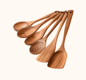 Set of six wooden kitchen utensils, including spoons and spatulas, arranged in a fan pattern.
