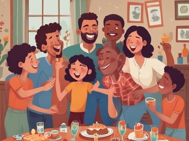 A warm family gathering around a table, sharing a meal and laughter.