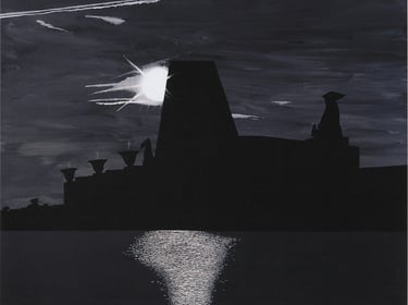 Dolfin Hotel; pyramid hotel silhouette, sparkling dark water