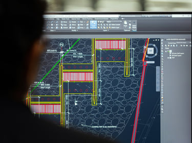 Engineer reviewing a civil engineering design using AutoCAD software on a computer monitor.