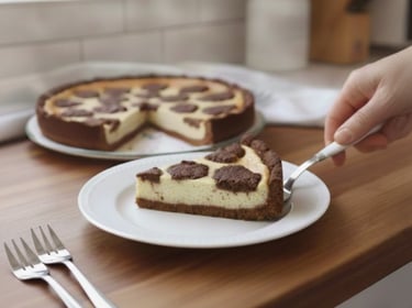 slice of German Quark cake on plate with whole cake in the background - HeimatRecipes.com
