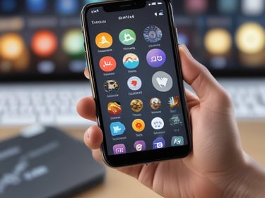 A hand holding a smartphone in front of a wooden background. The phone screen displays a financial investment application with the text 'The smartest thing to do with your money'. Below it, there are illustrations of stacked coins and a call-to-action button labeled 'Start investing'.