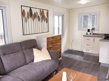 Modern tiny home living room with a grey sofa, wooden coffee table, and stylish wall art.