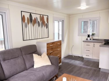 Intérieur moderne d'un habitat économique avec salon et cuisine.