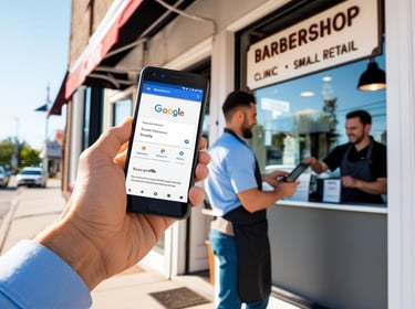 Person with cell phone in hand, with Google search page open, looking for local business and finding