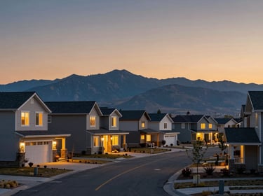 South Jordan Utah suburban street at dusk, contemporary homes with lit windows, Wasatch mountains silhouette on horizon, warm amber and blue sky