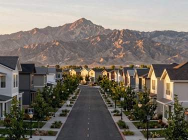 Daybreak Utah master-planned community, wide walkable boulevard lined with trees, modern homes, Oquirrh Mountains in background, golden afternoon light