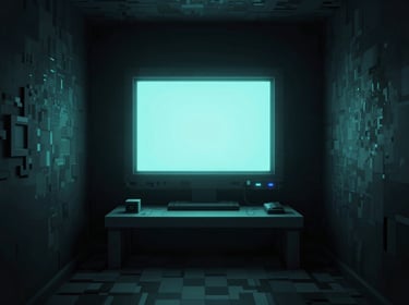 Full game screenshot at native resolution showing a pixel art horror exploration game, dark corridor lit only by a flickering monitor screen, deep shadow, monochrome with cyan tint