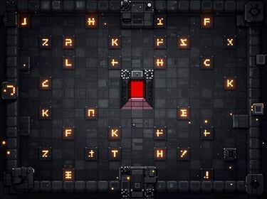 Full game screenshot at native resolution showing a top-down pixel art dungeon crawler, dark stone floor with scattered glowing runes, monochromatic palette except for a single red doorway