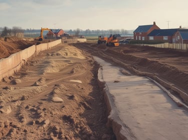 A brownfield site with roads being with construction equipment preparing the ground for development.