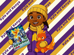 Xyla in her winter coat holding hop on sharing the season. with the purple and yellow wrapping pap