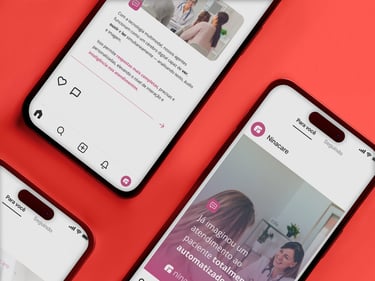 A imagem mostra vários celulares com posts das redes sociais Ninacare