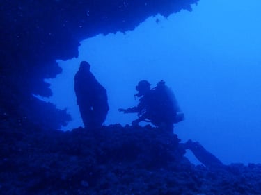 Underwater statue of Mary and diver