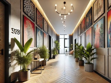 Corredor decorado com quadros coloridos nas paredes, plantas e iluminação suave, criando um ambiente
