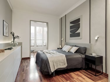 Elegant bedroom design with custom wall panels and bold decor details, designed by SAVIA
