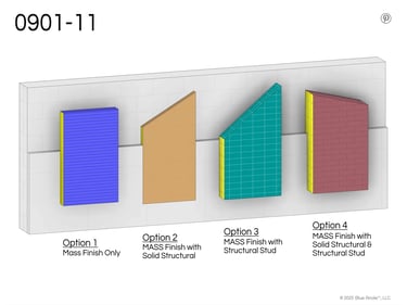 3D illustration showing four options of Blue Anole’s Revit Family 0901-11 mass with structure.
