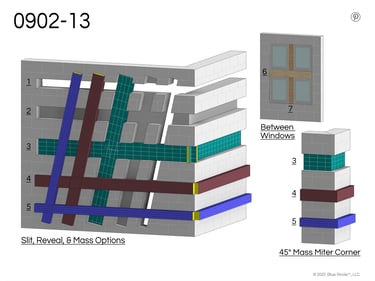 3D illustrations of Revit Family 0902-13 slit or reveal with mass back shown in Front, Corner views.