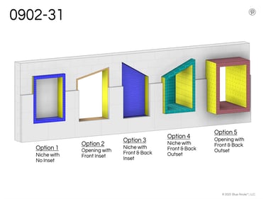 3D Left, Right, & Back views of Revit Family 0902-31 opening or niche with side & back masses.