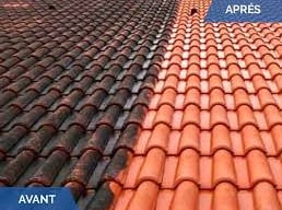 a roof with a red tile roof and a blue sky