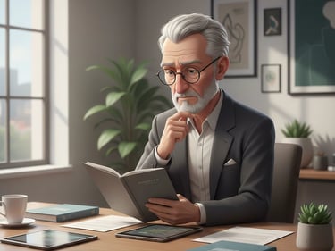 Thoughtful investor reviewing documents (potential red flags).