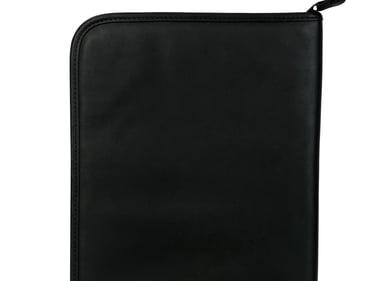 a black folder with a zippered closure